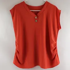 Coral Lightweight V-Neck Blouse Wooden Buttons Elastic Sides Women's M 