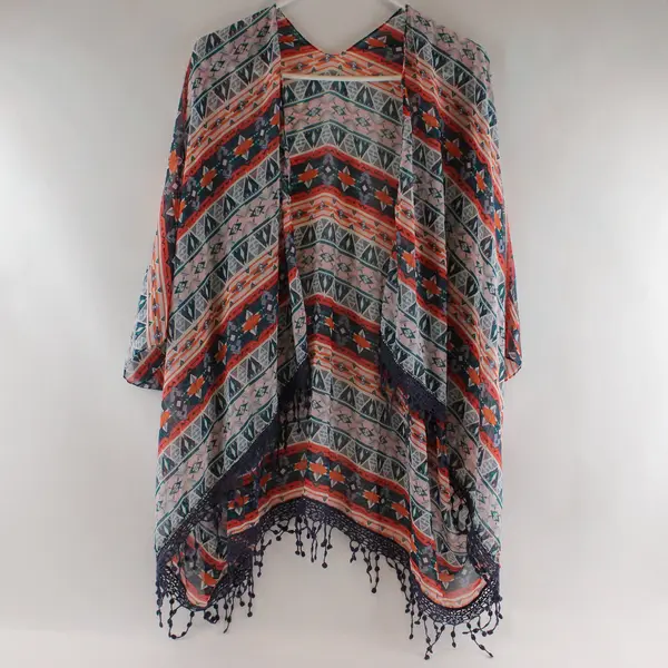 Unbranded Multi-color Geometric Pattern Sheer Shawl with Tassel Trim