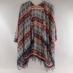 Unbranded Multi-color Geometric Pattern Sheer Shawl with Tassel Trim