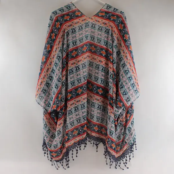 Unbranded Multi-color Geometric Pattern Sheer Shawl with Tassel Trim