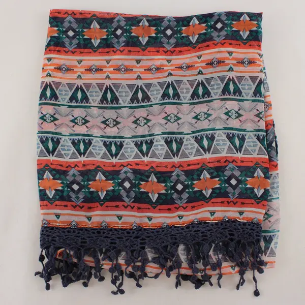 Unbranded Multi-color Geometric Pattern Sheer Shawl with Tassel Trim