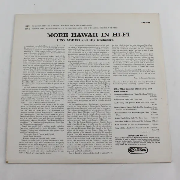 Leo Addeo & His Orchestra More Hawaii In Hi-Fi RCA Camden LP 12"