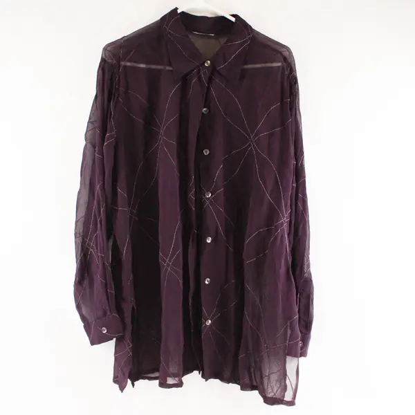 Women's Sheer Purple Silver Long Sleeve Button-Up Shirt Top Size Large