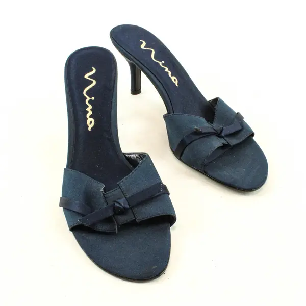 Nina Navy Blue Open-Toe Bow Accent Satin Heels Women's U.S. Size 10M