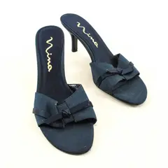 Nina Navy Blue Open-Toe Bow Accent Satin Heels Women's U.S. Size 10M