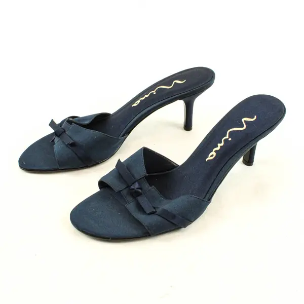 Nina Navy Blue Open-Toe Bow Accent Satin Heels Women's U.S. Size 10M