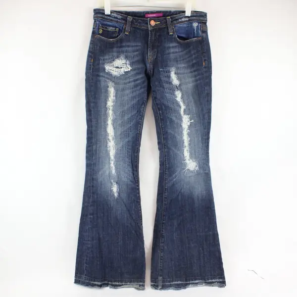 Vigoss Studio Women's Dark Wash Superflare Distressed Jeans Size 7/8 29'' Waist