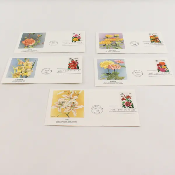 USPS 1994 First Day Flower Postal Cards Set of 5 Rose Marigold Gladiola