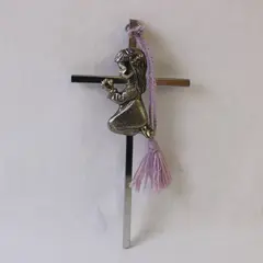 Vintage Silver Tone Metal Wall Cross Praying Girl 6 in Home Decor