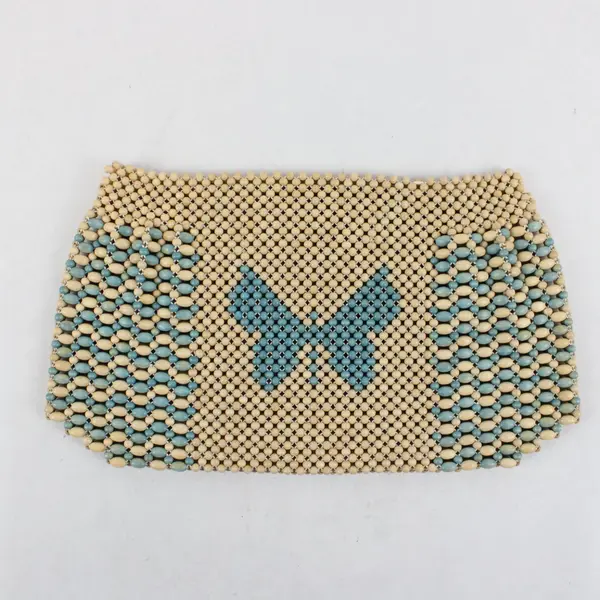 Vintage Clutch Bag Wood Beads Pouch Art Deco Butterfly Teal Wood