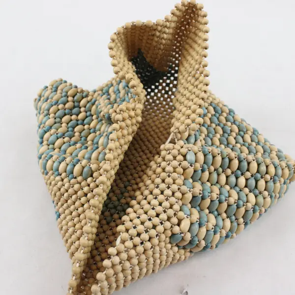 Vintage Clutch Bag Wood Beads Pouch Art Deco Butterfly Teal Wood