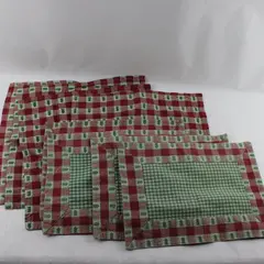 Vintage Christmas 8-Pc Placemat Napkin Set Red Green Gingham Stained