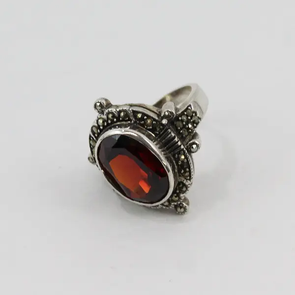 Sterling Silver Garnet Marcasite Cocktail Ring Size 5.75