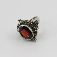 Sterling Silver Garnet Marcasite Cocktail Ring Size 5.75