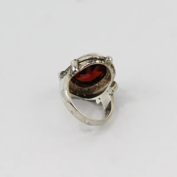 Sterling Silver Garnet Marcasite Cocktail Ring Size 5.75