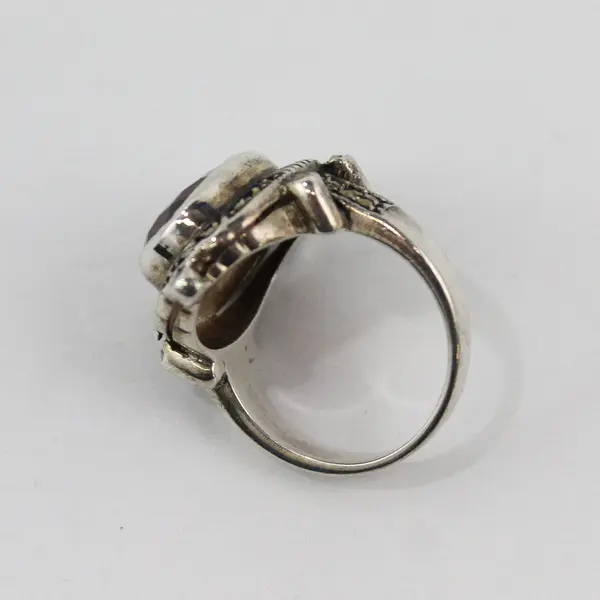 Sterling Silver Garnet Marcasite Cocktail Ring Size 5.75