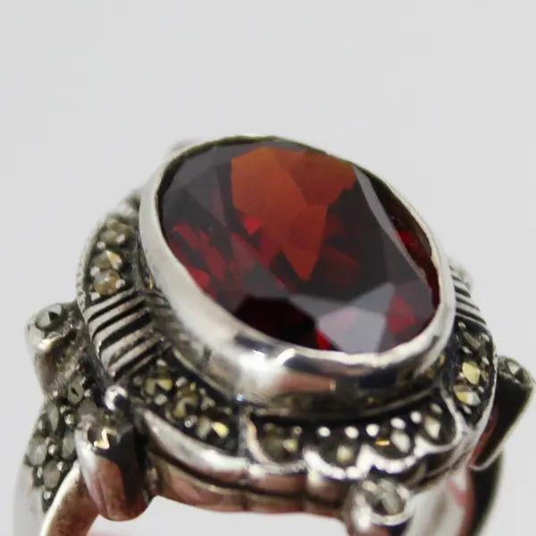 Sterling Silver Garnet Marcasite Cocktail Ring Size 5.75