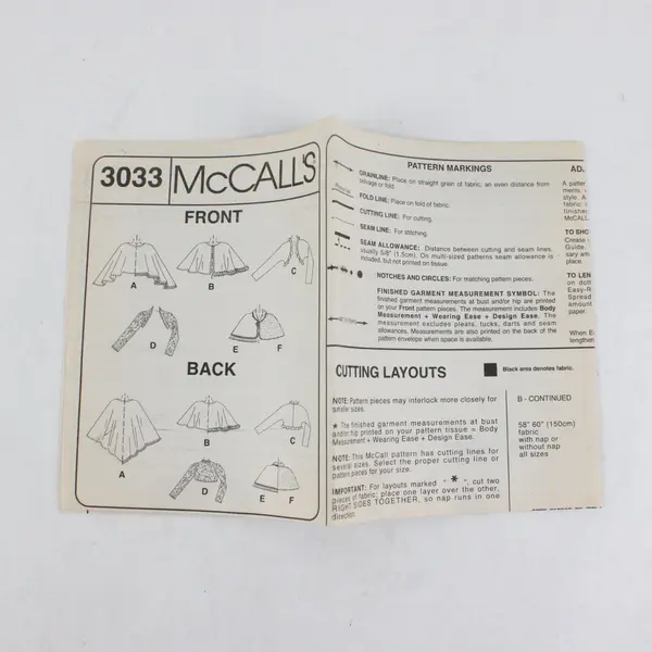 2000 McCall's Pattern 3033 Cape Shrug Shawl All Sizes UNCUT
