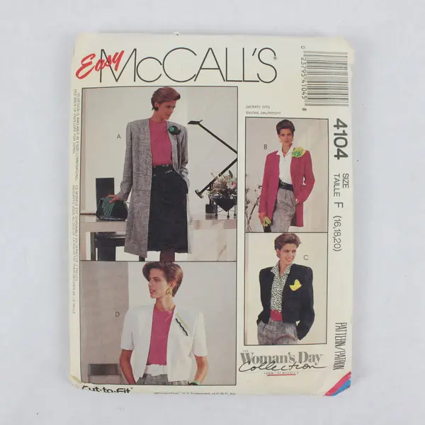 1989 McCall's Pattern 4104 Jacket Women's Size F 16-20 CUT