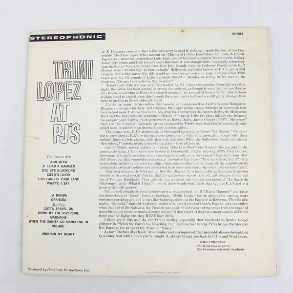 Trini Lopez At PJ's Recorded Live 12" Vinyl LP Record