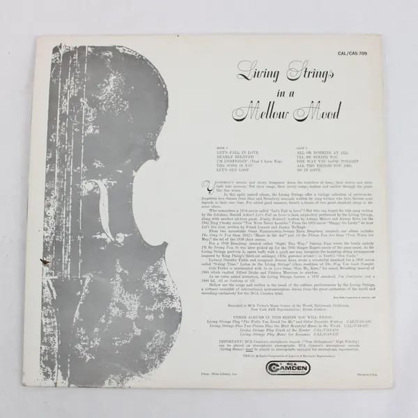 Living Strings In A Mellow Mood 12" Vinyl LP RCA Camden CAL 709