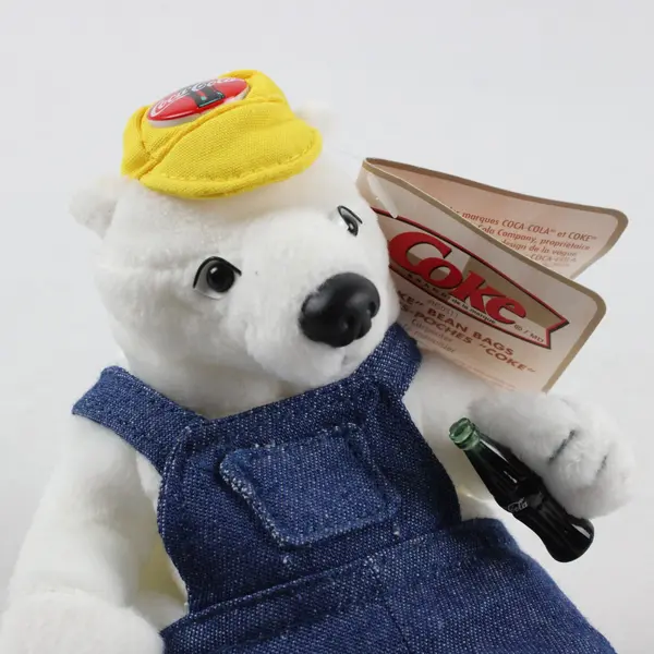 Coca-Cola 1990s Bean Bag Plush Polar Bear Carpenter 6in