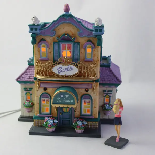 2003 Department 56 Barbie Pet Salon Boutique Lighted House 2-Piece Figure w/ Box
