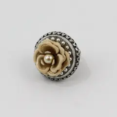 Ollipop Silver Tone Pearl Tan Enamel Adjustable Flower Statement Ring Size 5.25