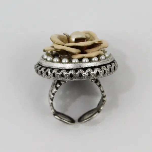 Ollipop Silver Tone Pearl Tan Enamel Adjustable Flower Statement Ring Size 5.25
