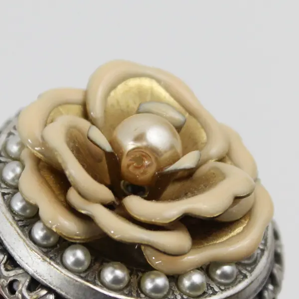 Ollipop Silver Tone Pearl Tan Enamel Adjustable Flower Statement Ring Size 5.25