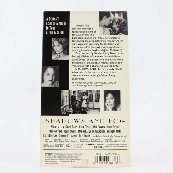 Shadows and Fog VHS Tape, 1992 Woody Allen, Kathy Bates, John Cusack 