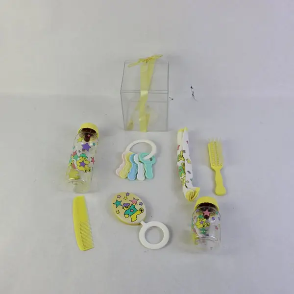 Crib Mates Baby Feeding Set 7 Piece Bottle Bib Brush Rattle Pre-Owned