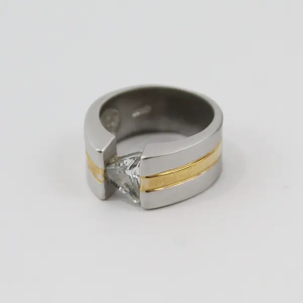 Silver Tone Ring 18k GF Trim Triangle Zirconia Size 7