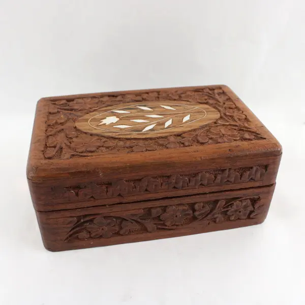 Vintage JRR Hand-Carved Floral Inlay Wooden Trinket Box 2.5"x4"x6"