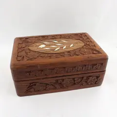 Vintage JRR Hand-Carved Floral Inlay Wooden Trinket Box 2.5"x4"x6"