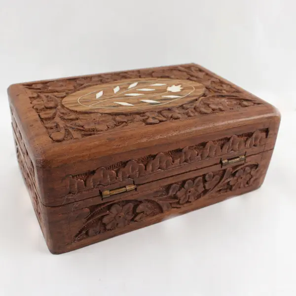 Vintage JRR Hand-Carved Floral Inlay Wooden Trinket Box 2.5"x4"x6"