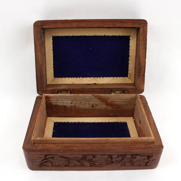 Vintage JRR Hand-Carved Floral Inlay Wooden Trinket Box 2.5"x4"x6"