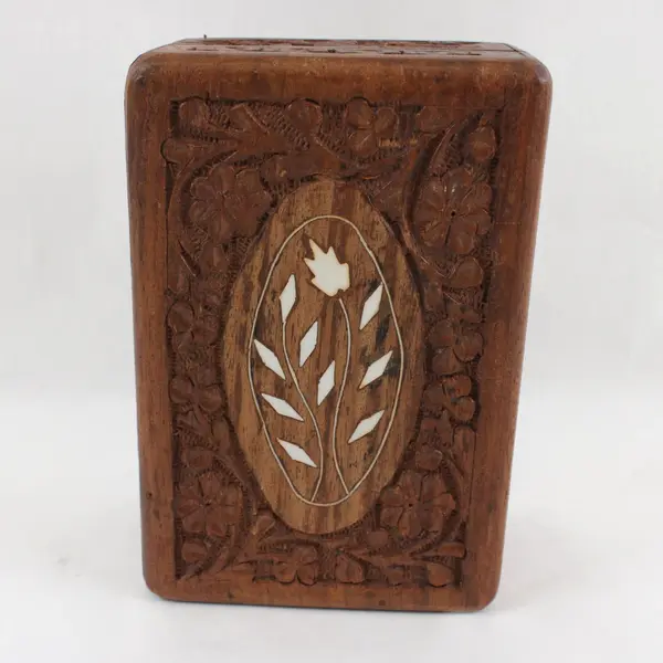 Vintage JRR Hand-Carved Floral Inlay Wooden Trinket Box 2.5"x4"x6"