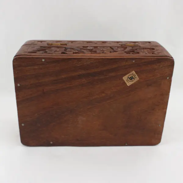 Vintage JRR Hand-Carved Floral Inlay Wooden Trinket Box 2.5"x4"x6"