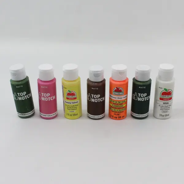 7 Bottles Of Top Notch And Apple Barrel 2 Ounce Acrylic Paints With Brush Basin