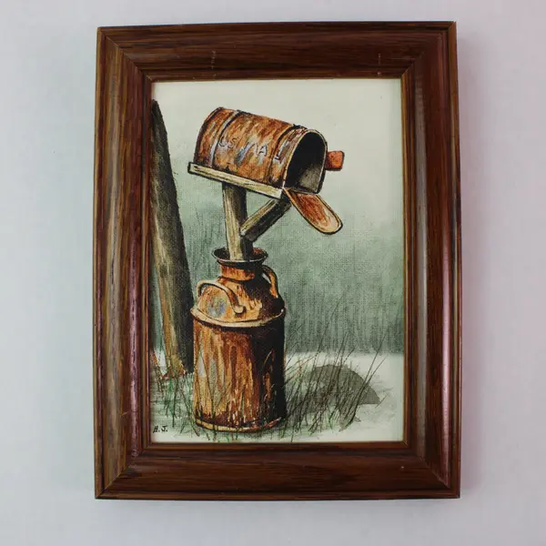 Vintage Miniature Painting Rustic Mailbox on Milk Can Wooden Frame