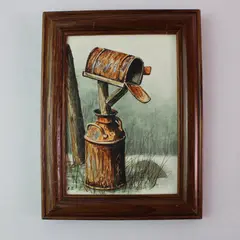 Vintage Miniature Painting Rustic Mailbox on Milk Can Wooden Frame