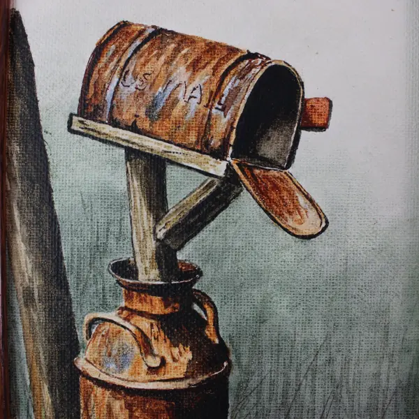 Vintage Miniature Painting Rustic Mailbox on Milk Can Wooden Frame