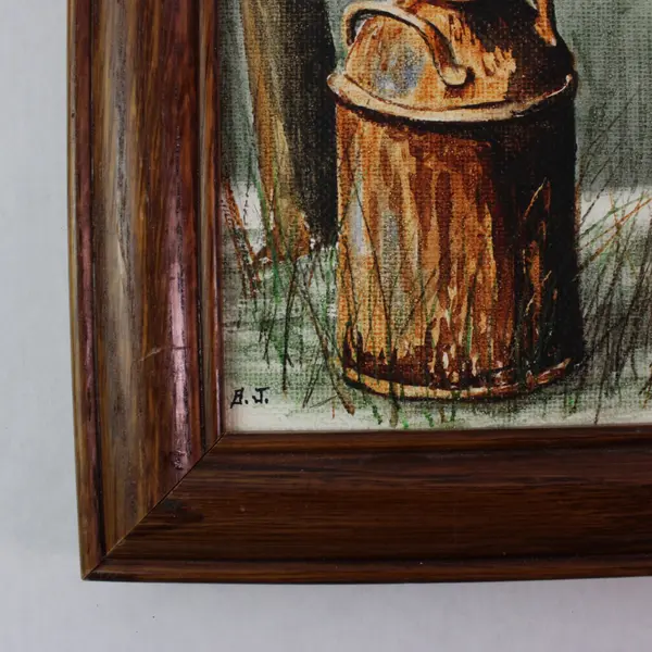 Vintage Miniature Painting Rustic Mailbox on Milk Can Wooden Frame