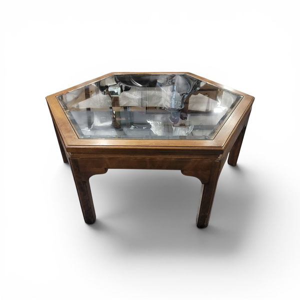 Ethan Allen Hexagon Glass Top Coffee Table Walnut Wood - Freight/Local Pickup