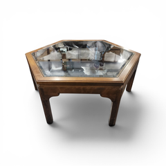 Ethan Allen Hexagon Glass Top Coffee Table Walnut Wood - Freight/Local Pickup