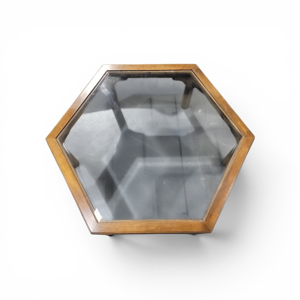 Ethan Allen Hexagon Glass Top Coffee Table Walnut Wood - Freight/Local Pickup