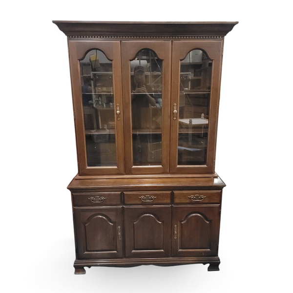 Vintage Cherry Brown China Cabinet Hutch 2-Piece w/ Glass - Freight/Local Pickup