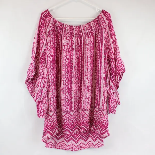 Terra & Sky Womens Pink White Bohemian Off Shoulder Top Approx 1X