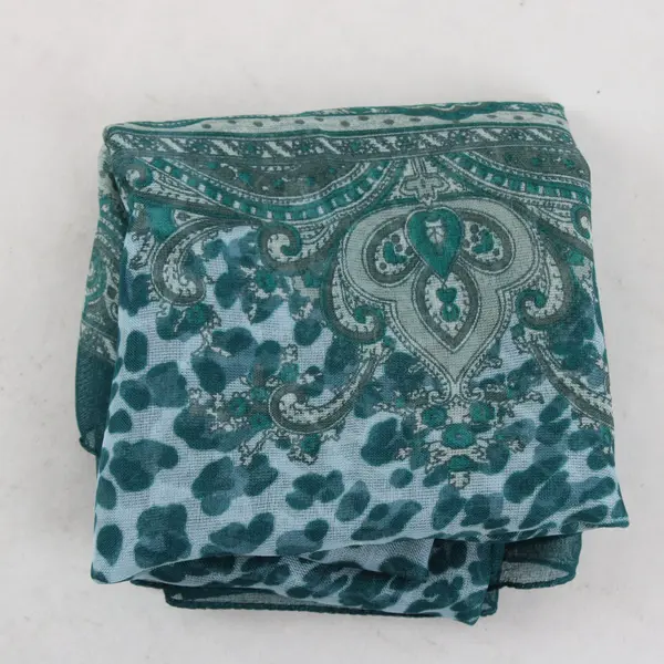 Sheer Turquoise Paisley Leopard Print Rectangular Scarf 62.5x15